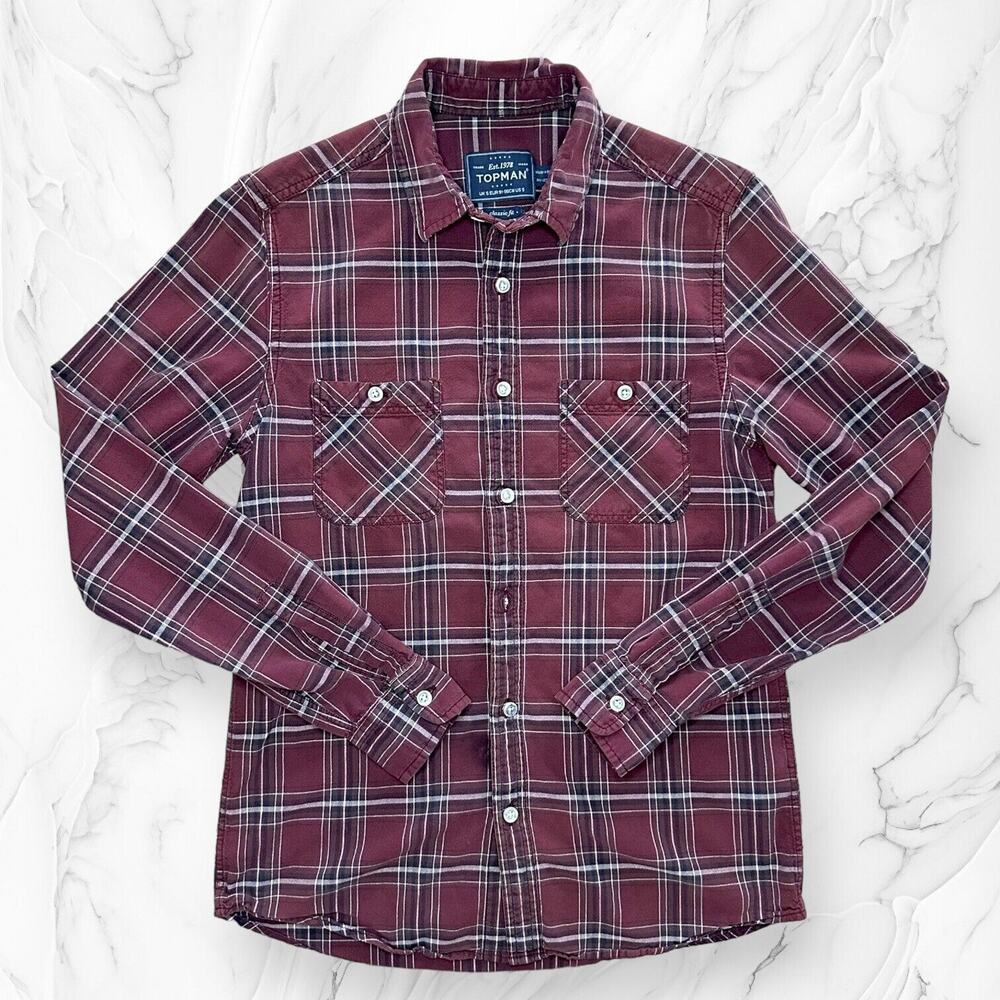 TOPMAN Button Up Shirt Plaid Classic Fit Night Out Red Blue Casual Small